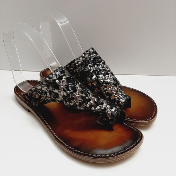 EMANUELE CRASTO Italy Woven Thong Flat Sandals Lather Black & Silver Sz 7 / 37 - Picture 2 of 13